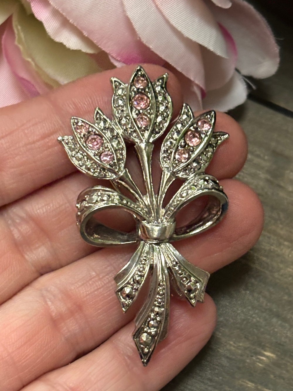 Vintage Signed Avon Silver Pink Rhinestone Tulip Flowers with Bow Brooch